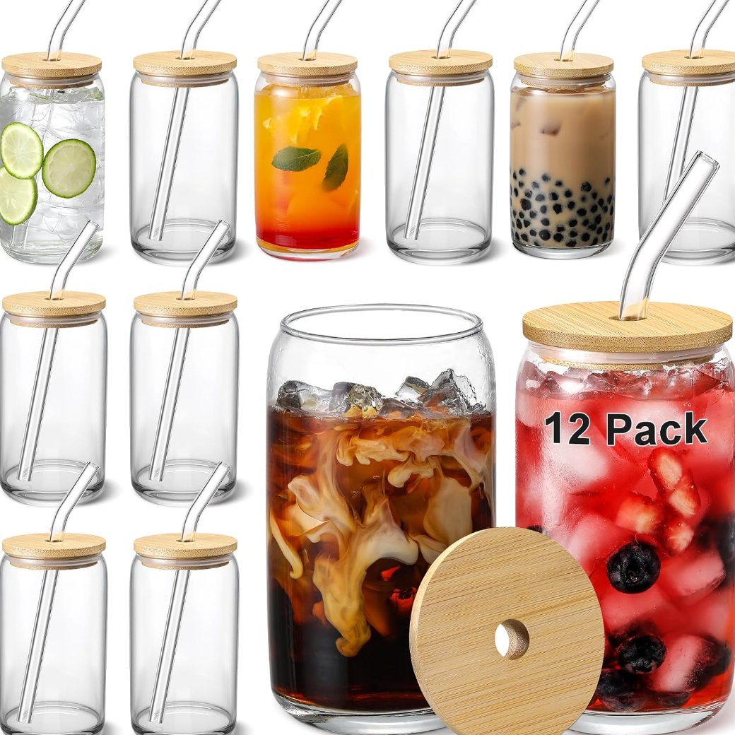 VITEVER glass cups with bamboo lids and colourful drinks