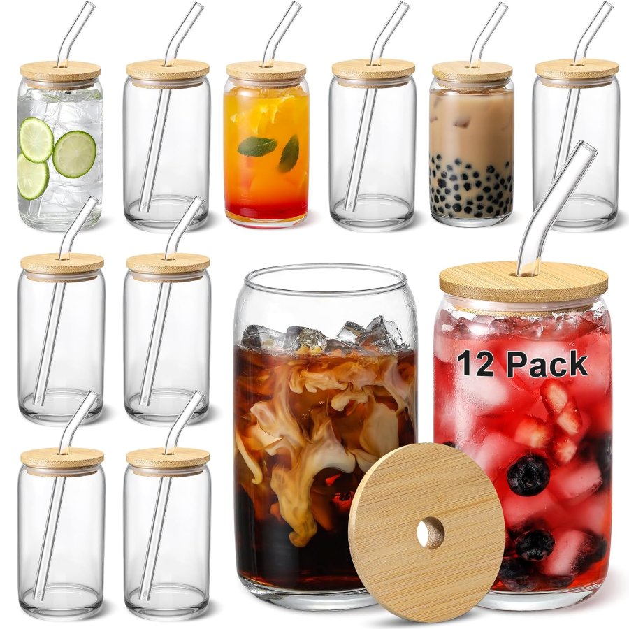 VITEVER Glass Cups with Bamboo Lids & Straws